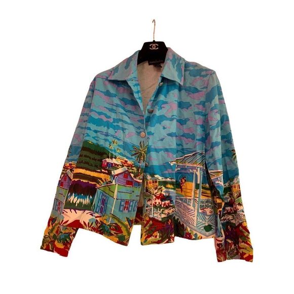 Kensington Lane Women's Multicolor Tropical Camo Long Sleeve Silk Top Small - Picture 2 of 5